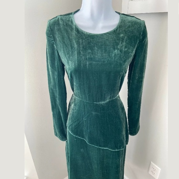 MAJE Green Velvet Velour Asymmetrical Peplum Dress - Picture 4 of 8